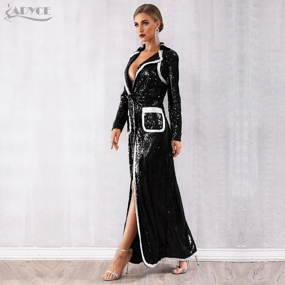 Newline Fashion Black Sequined Long Sleeve Double Breasted Deep V Luxury Trench Party Coats