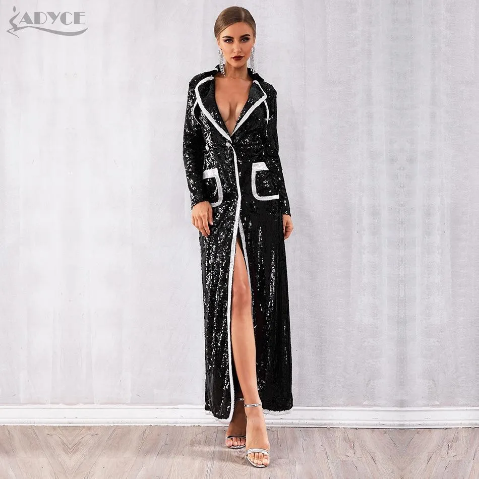 Newline Fashion Black Sequined Long Sleeve Double Breasted Deep V Luxury Trench Party Coats