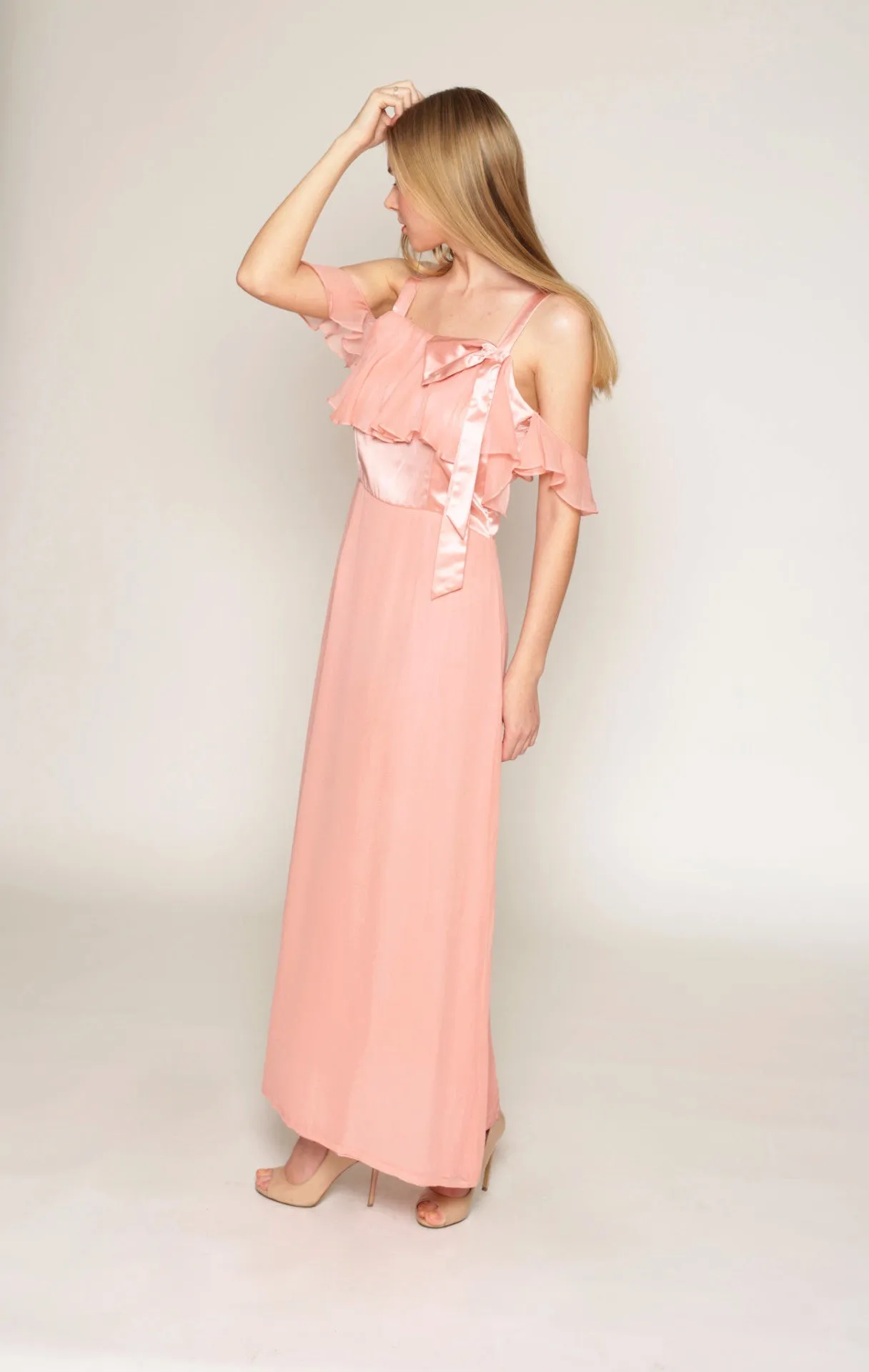 Off-shoulder sleeves, bowtie detail long silk dress