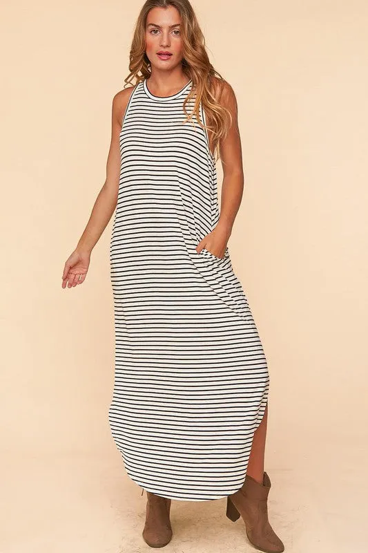 *Online Exclusive* Stripe sleeveless maxi dress w/ pockets