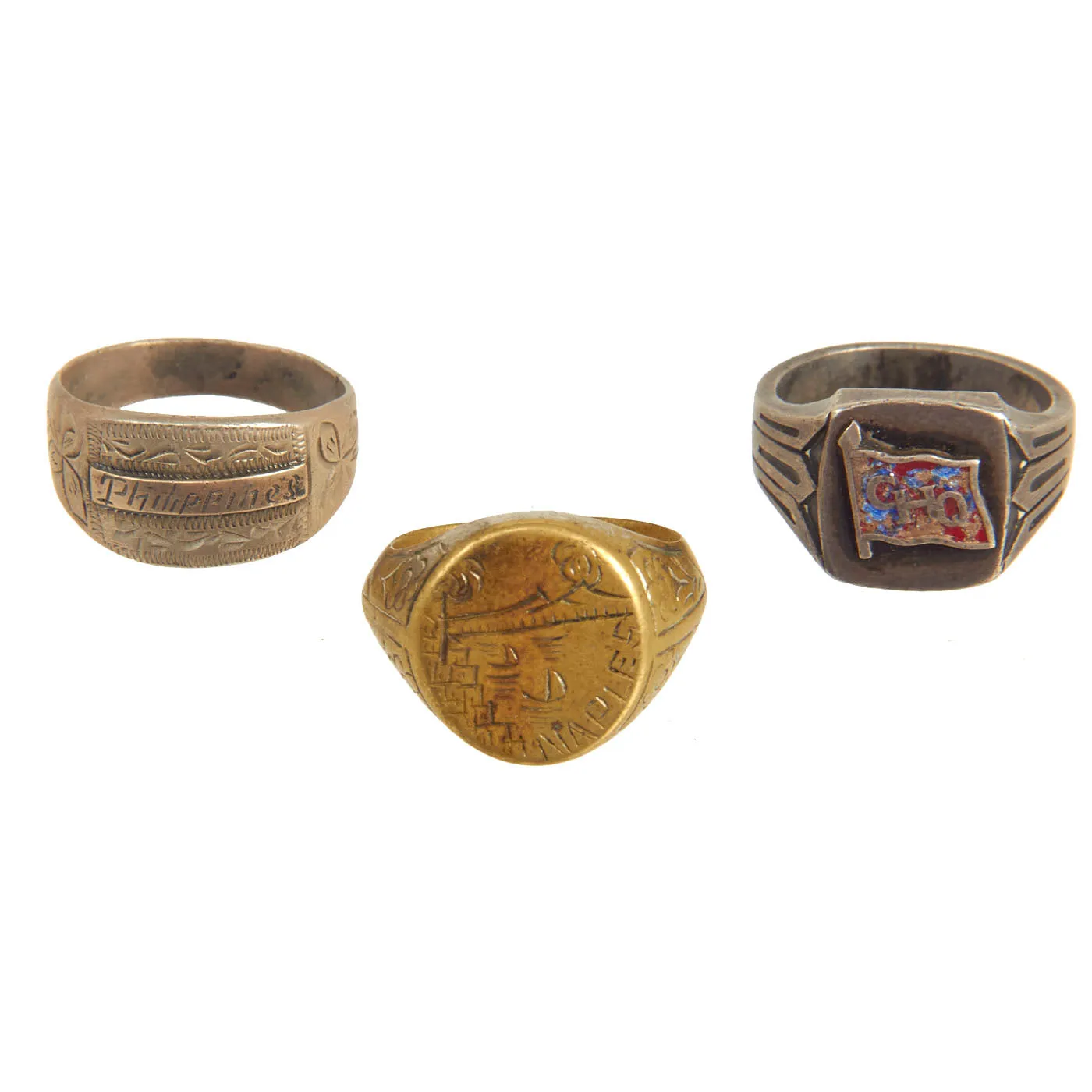 Original U.S. WWII and Korean War Souvenir Ring Set - Naples, Philippines & “GHQ” Far East Command