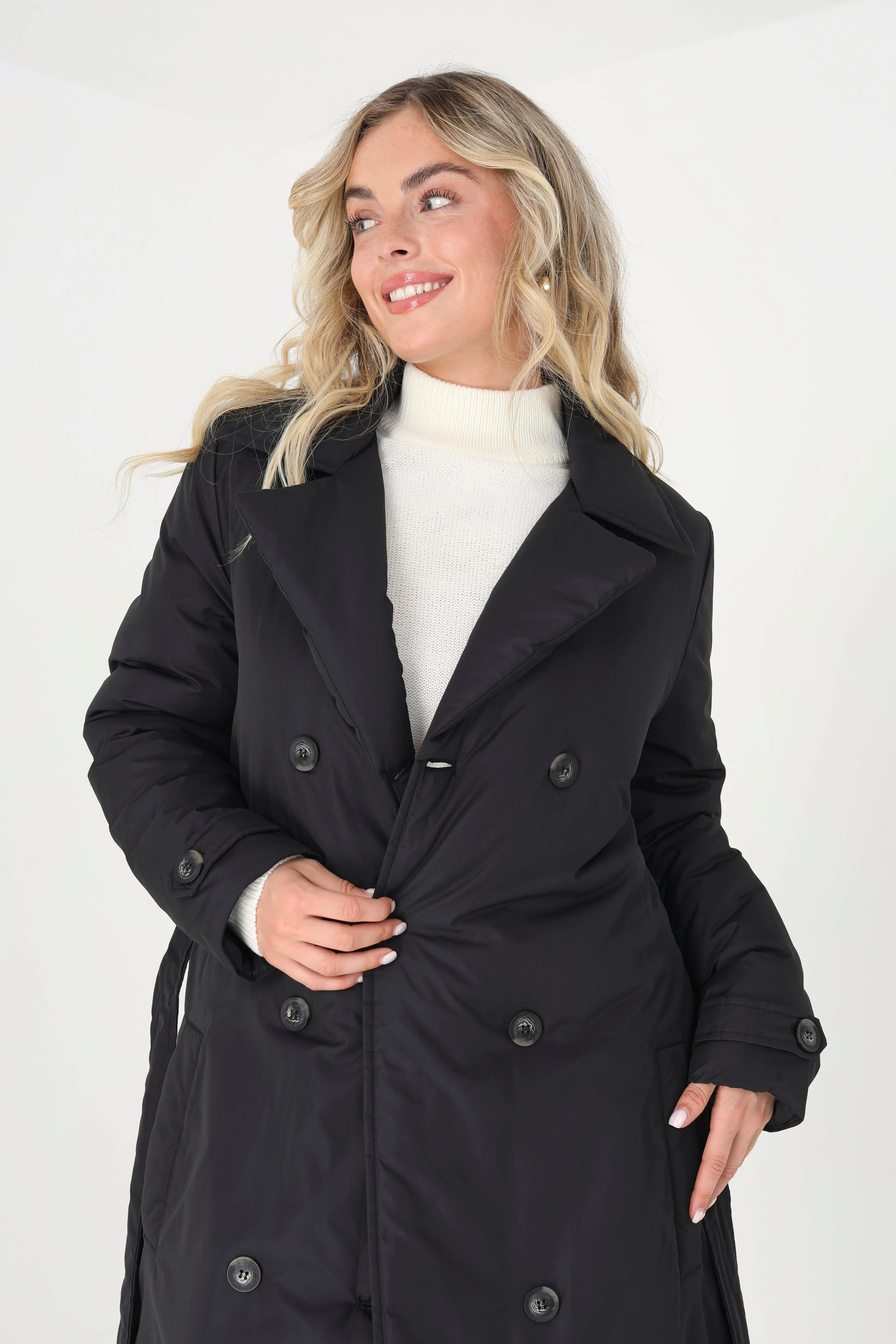 PADDED DOUBLE BREASTED TRENCH COAT WITH SELF TIE BELT