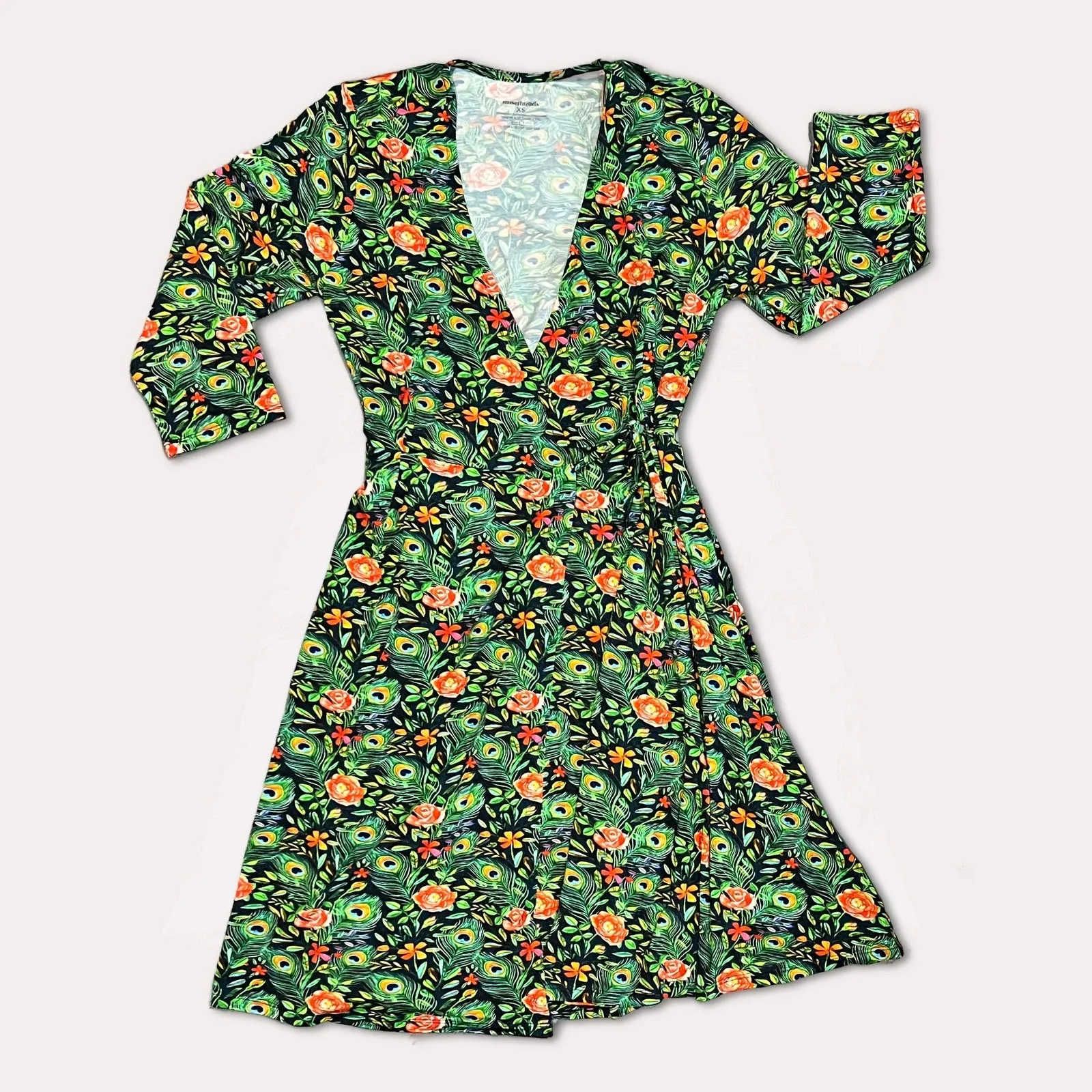 Peacock Floral Women's 3/4 Sleeve Wrap Dress