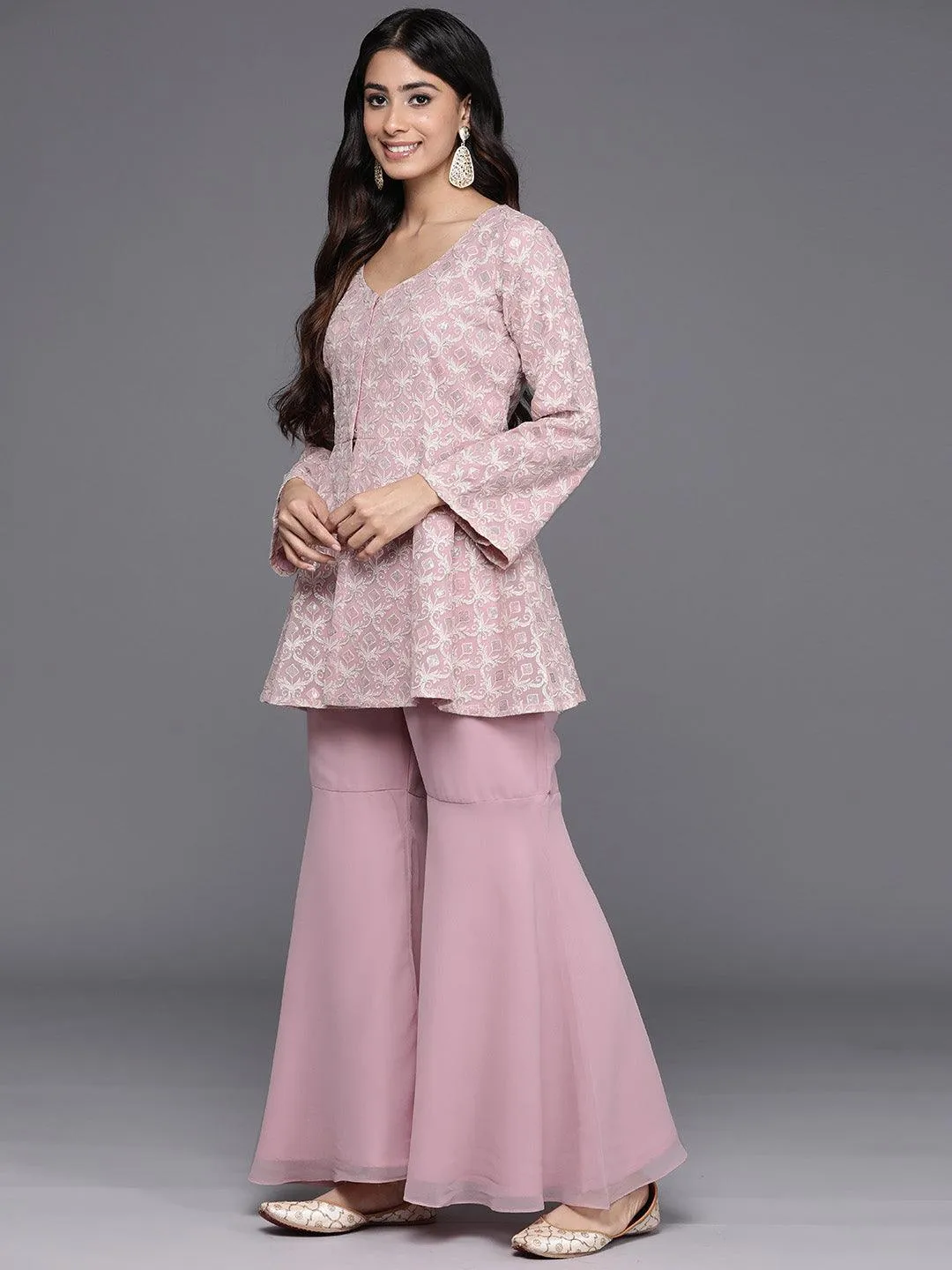 Pink Embellished Georgette Tunic With Sharara