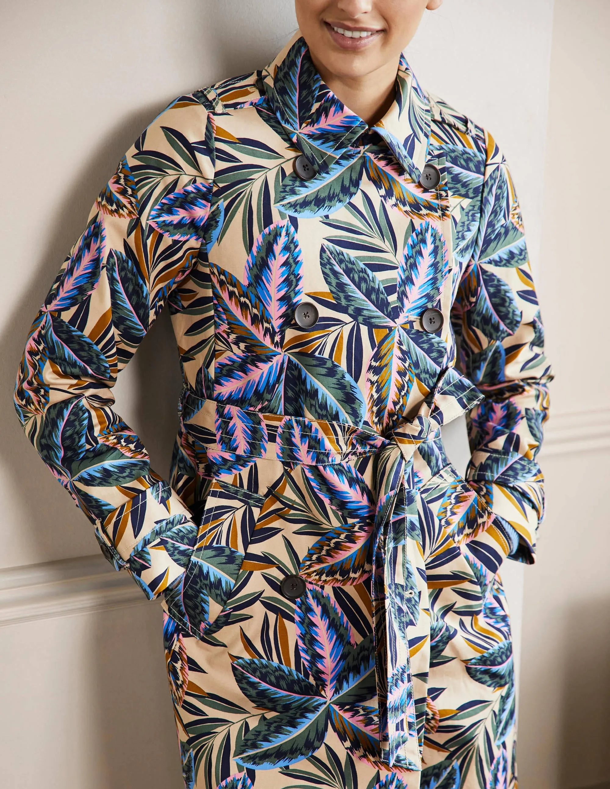 Printed Cotton Trench Coat-Rope, Exotic Leaves