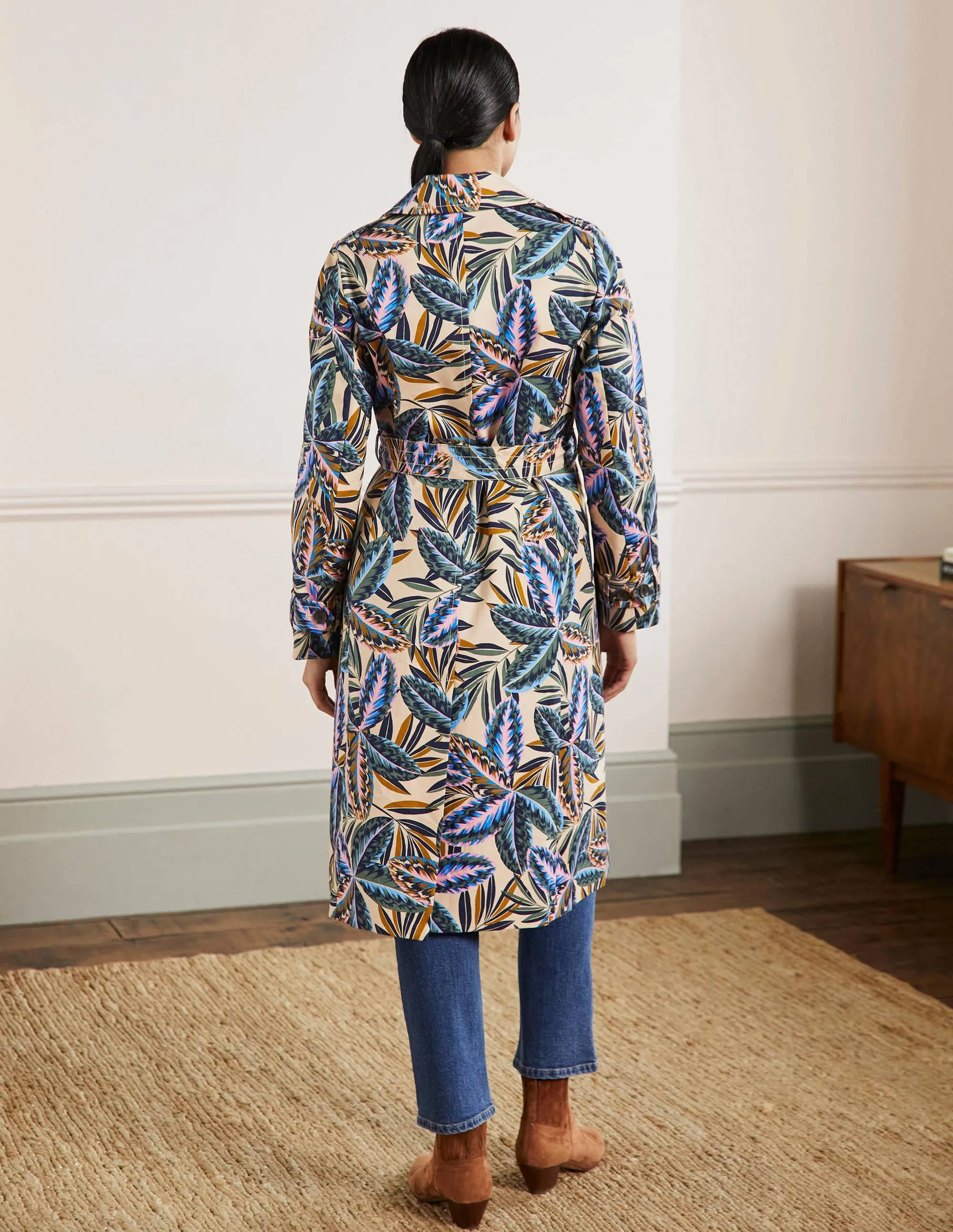 Printed Cotton Trench Coat-Rope, Exotic Leaves