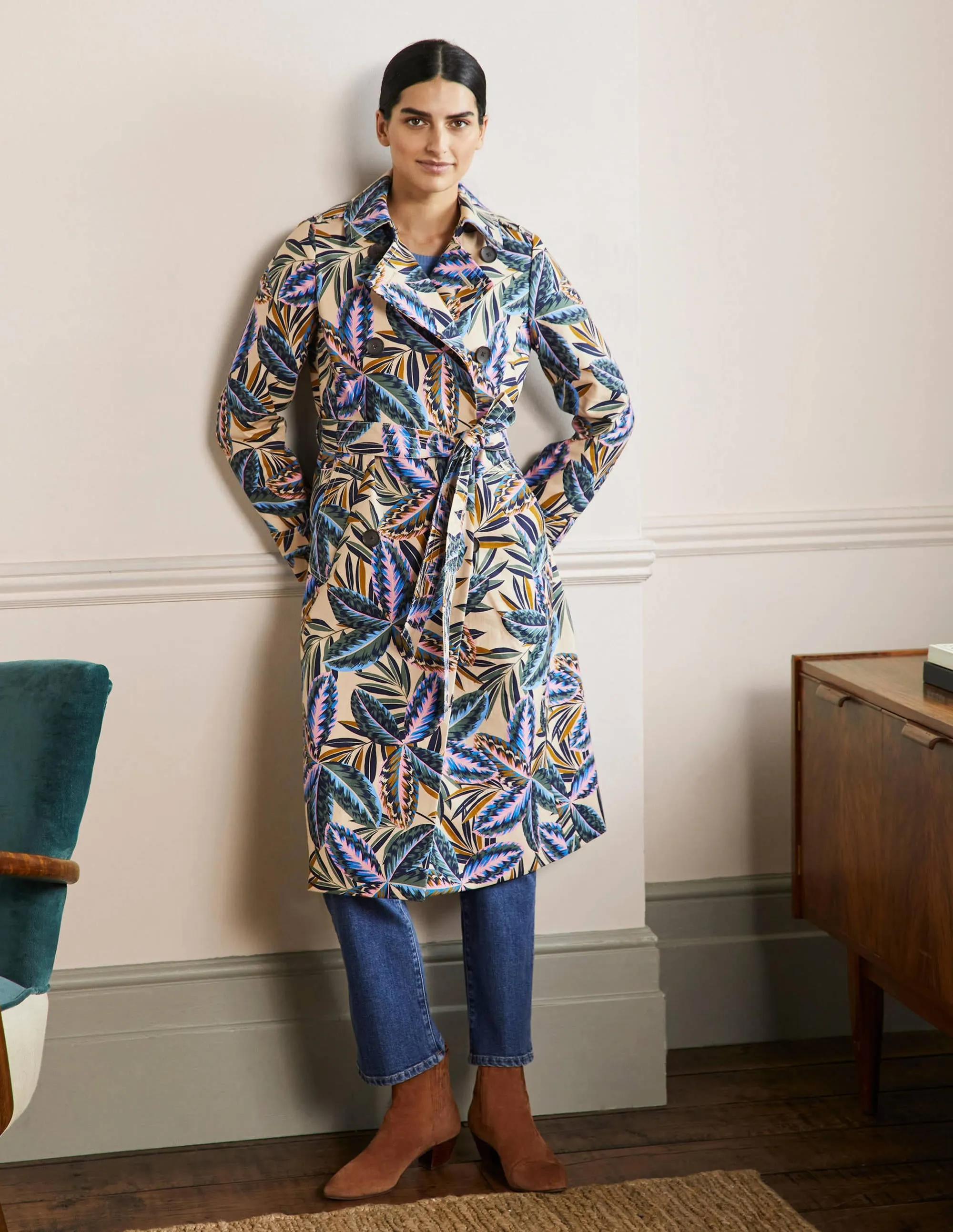 Printed Cotton Trench Coat-Rope, Exotic Leaves