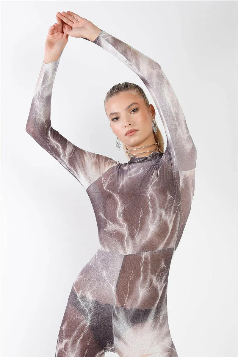 Purple-grey Lightning Print Mock Neck Long Sleeve With Finger Loop Fitted