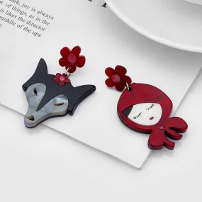 Red and the Wolf Asymmetric Earrings Acrylic Jewellery