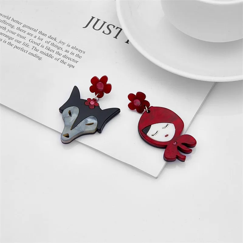 Red and the Wolf Asymmetric Earrings Acrylic Jewellery