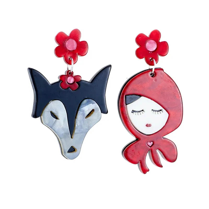 Red and the Wolf Asymmetric Earrings Acrylic Jewellery