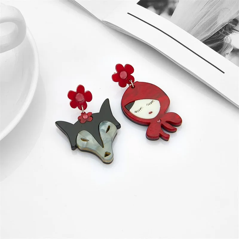 Red and the Wolf Asymmetric Earrings Acrylic Jewellery