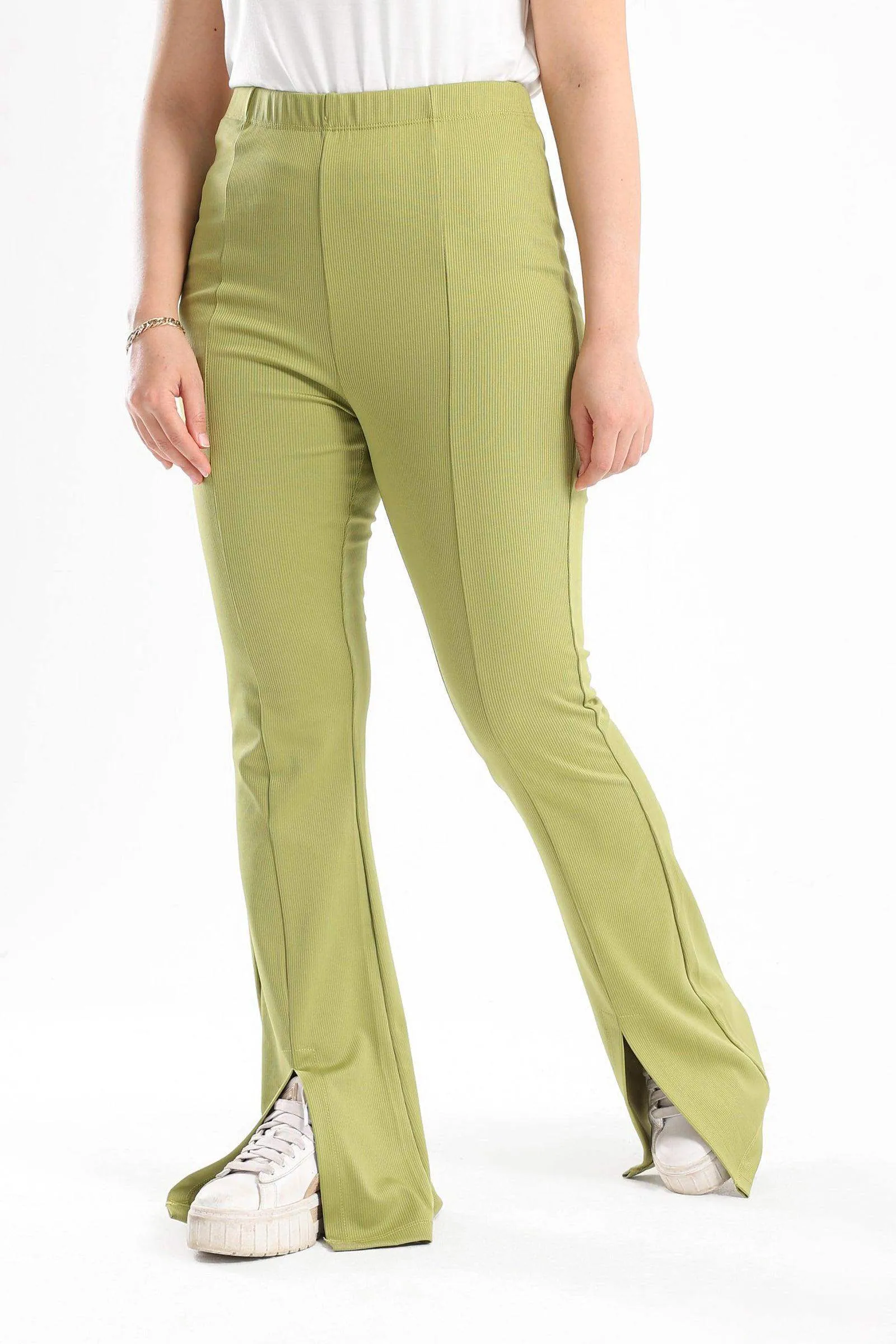 Ribbed Flared Pants With Front Slit