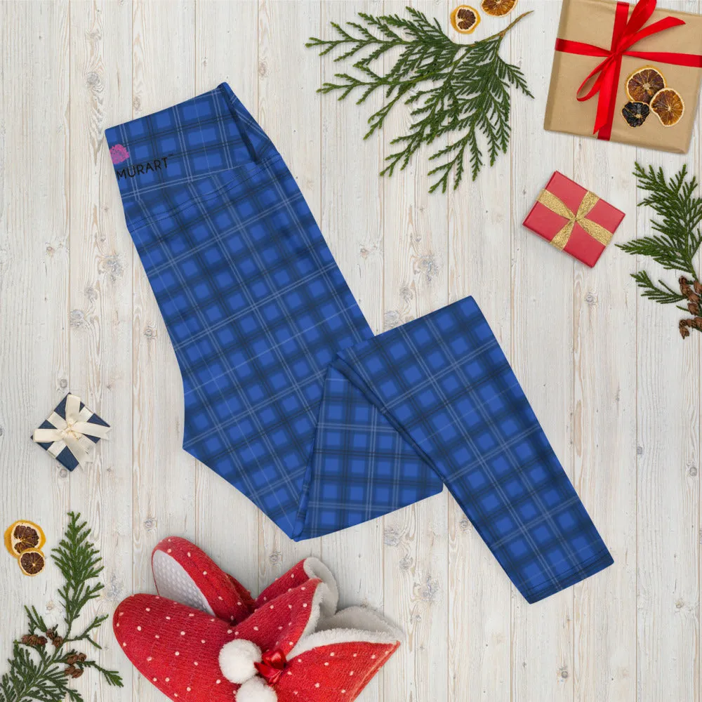 Royal Blue Plaid Yoga Leggings, Tartan Plaid Scottish Style Women's Tights-Made in USA/EU/MX