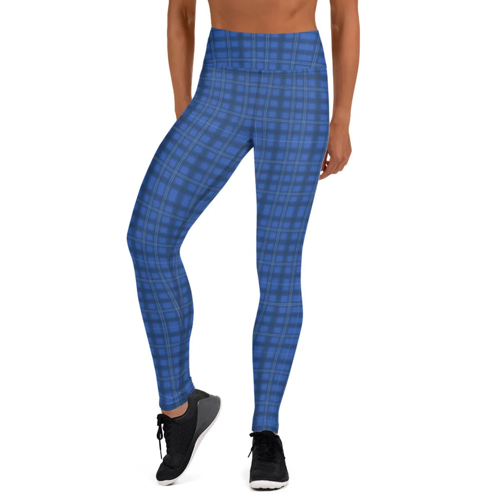 Royal Blue Plaid Yoga Leggings, Tartan Plaid Scottish Style Women's Tights-Made in USA/EU/MX