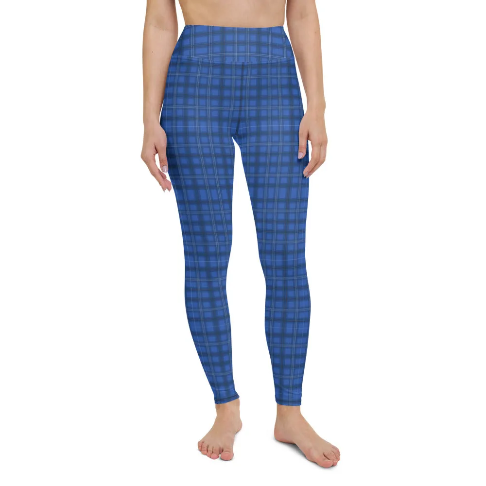 Royal Blue Plaid Yoga Leggings, Tartan Plaid Scottish Style Women's Tights-Made in USA/EU/MX