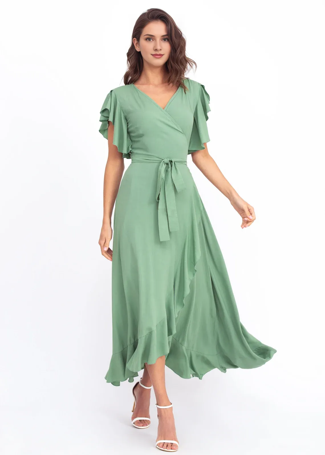 Sage Green Romantic Wrap Around Maxi Dress  Formal Short Sleeve Long Wedding Guest Dress