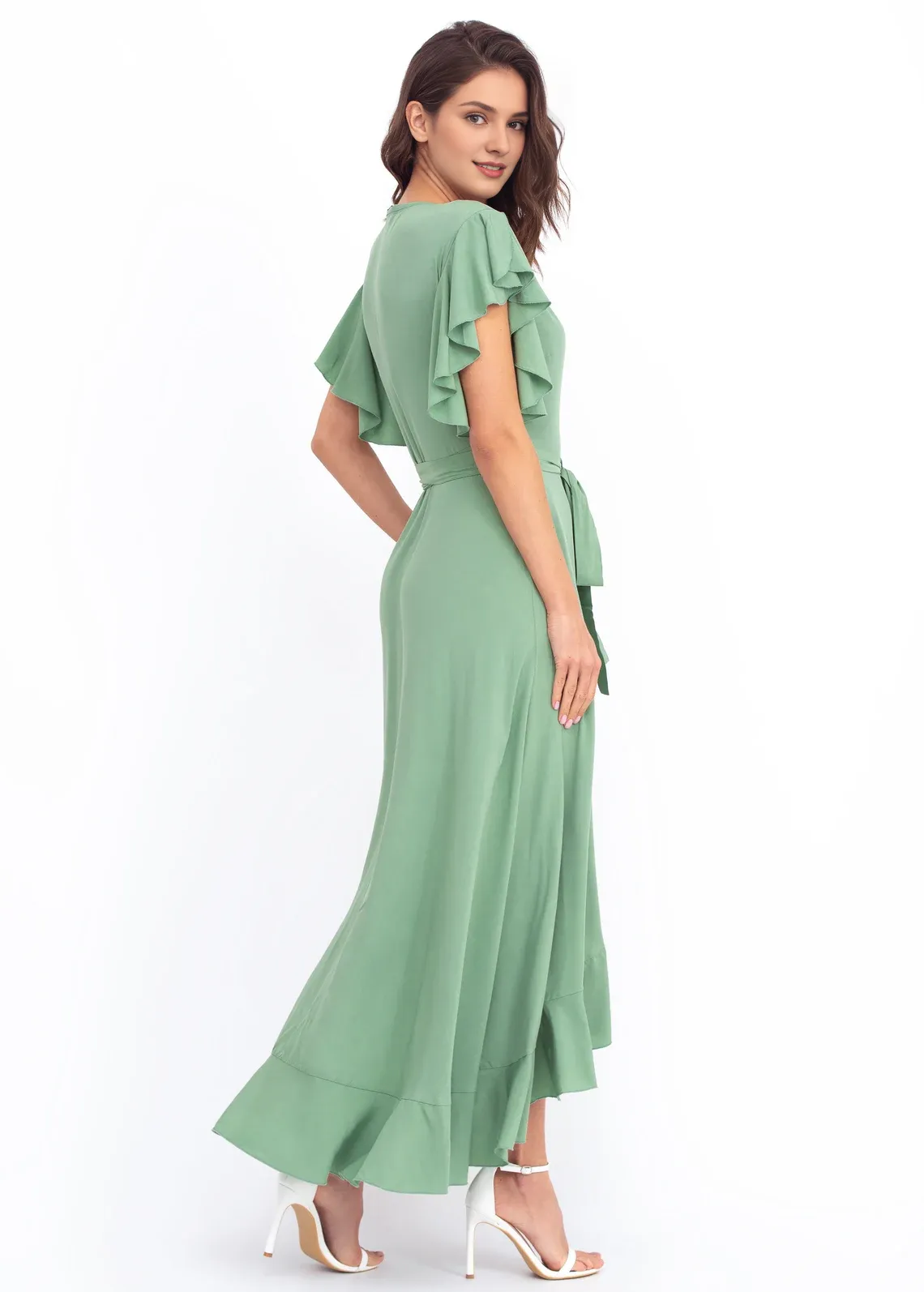 Sage Green Romantic Wrap Around Maxi Dress  Formal Short Sleeve Long Wedding Guest Dress