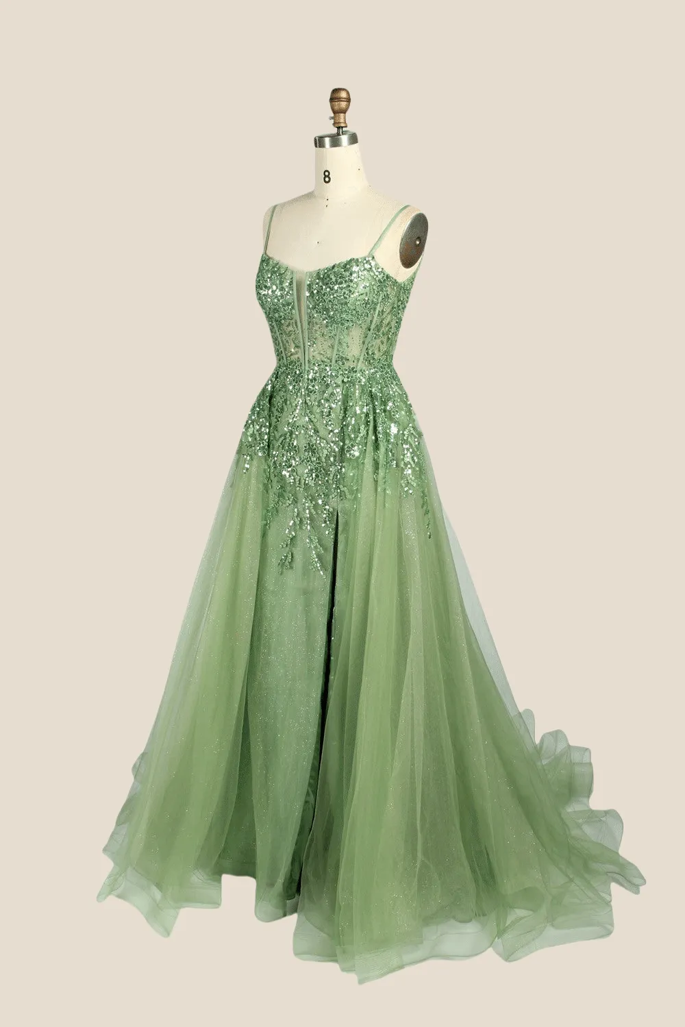 Sage Green Sequin A-line Long Dress with Slit