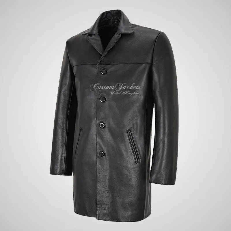 SERGEY Black Leather Trench Coat For Mens Thick Cow Leather