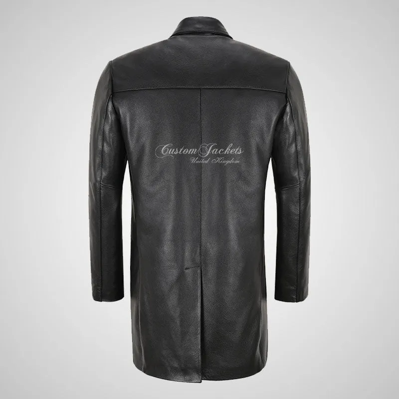 SERGEY Black Leather Trench Coat For Mens Thick Cow Leather