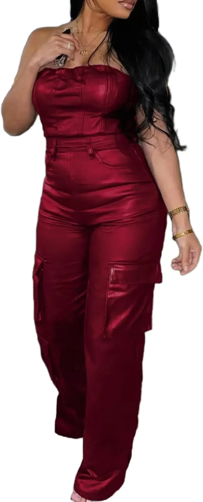 Sexy Merlot Faux Leather Strapless Cargo Jumpsuit Catsuit