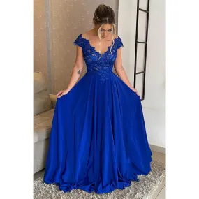 Sexy V-neck Lace A-line Long Formal Evening Dress Plus Size Mother of The Bride Dress