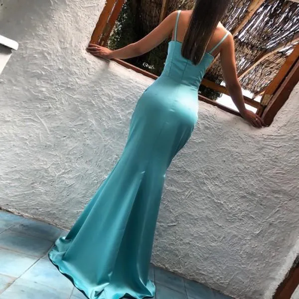 Sheath Spaghetti Straps Long Blue Evening Dress Blue Prom Dress