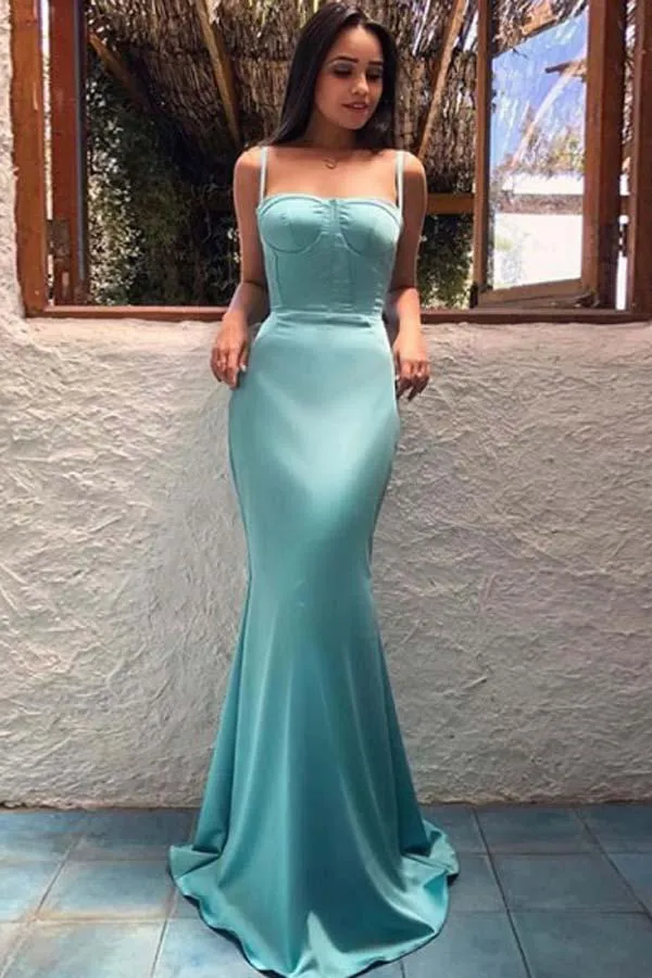 Sheath Spaghetti Straps Long Blue Evening Dress Blue Prom Dress