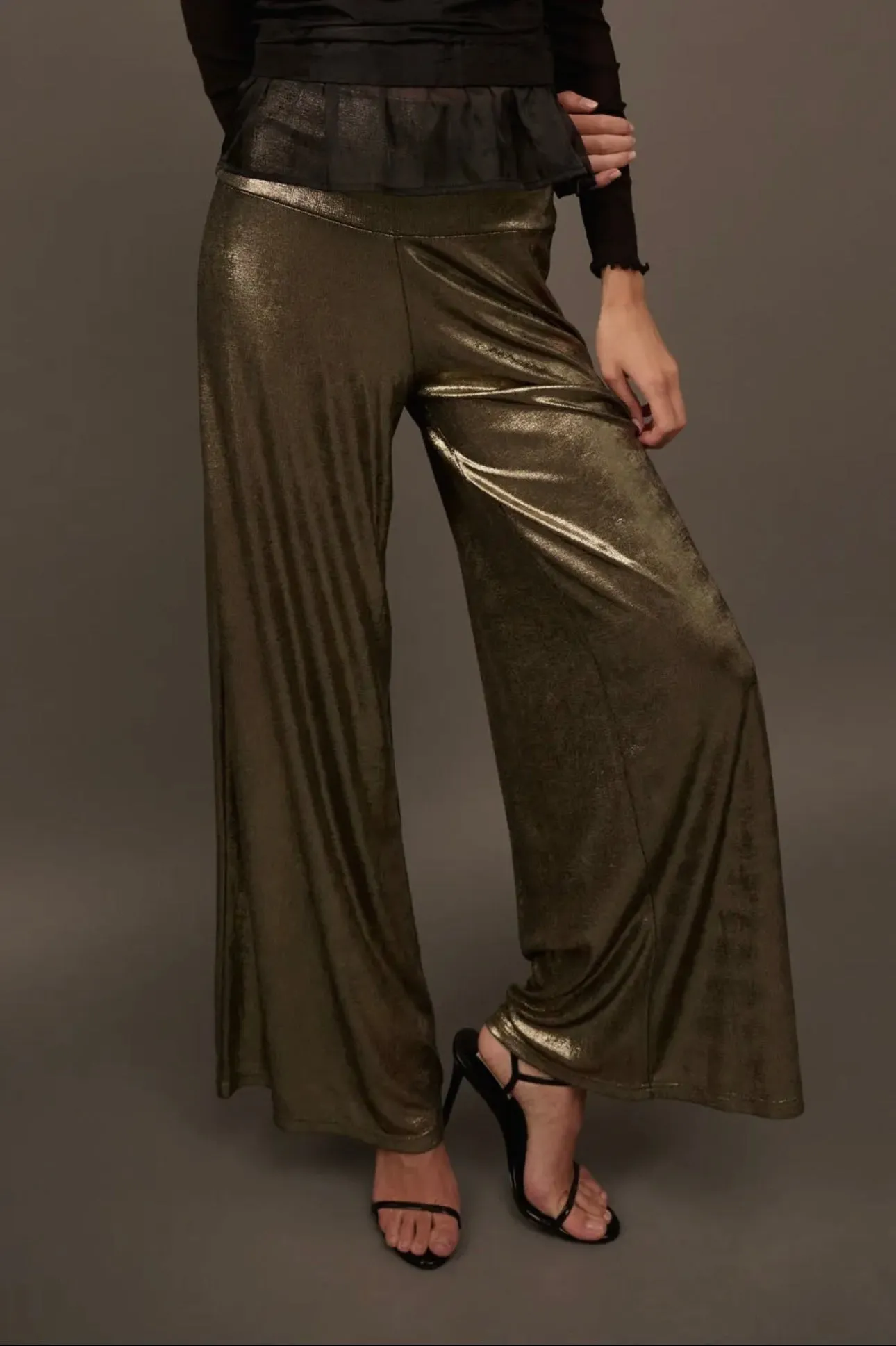 Shimmery Metallic Wide Band Flared Bottom Pants