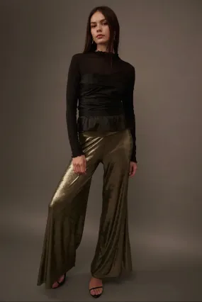 Shimmery Metallic Wide Band Flared Bottom Pants