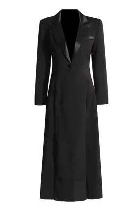 Silky Satin Lapel Strong Shoulder One Button High Split Tailored Blazer Maxi Dress