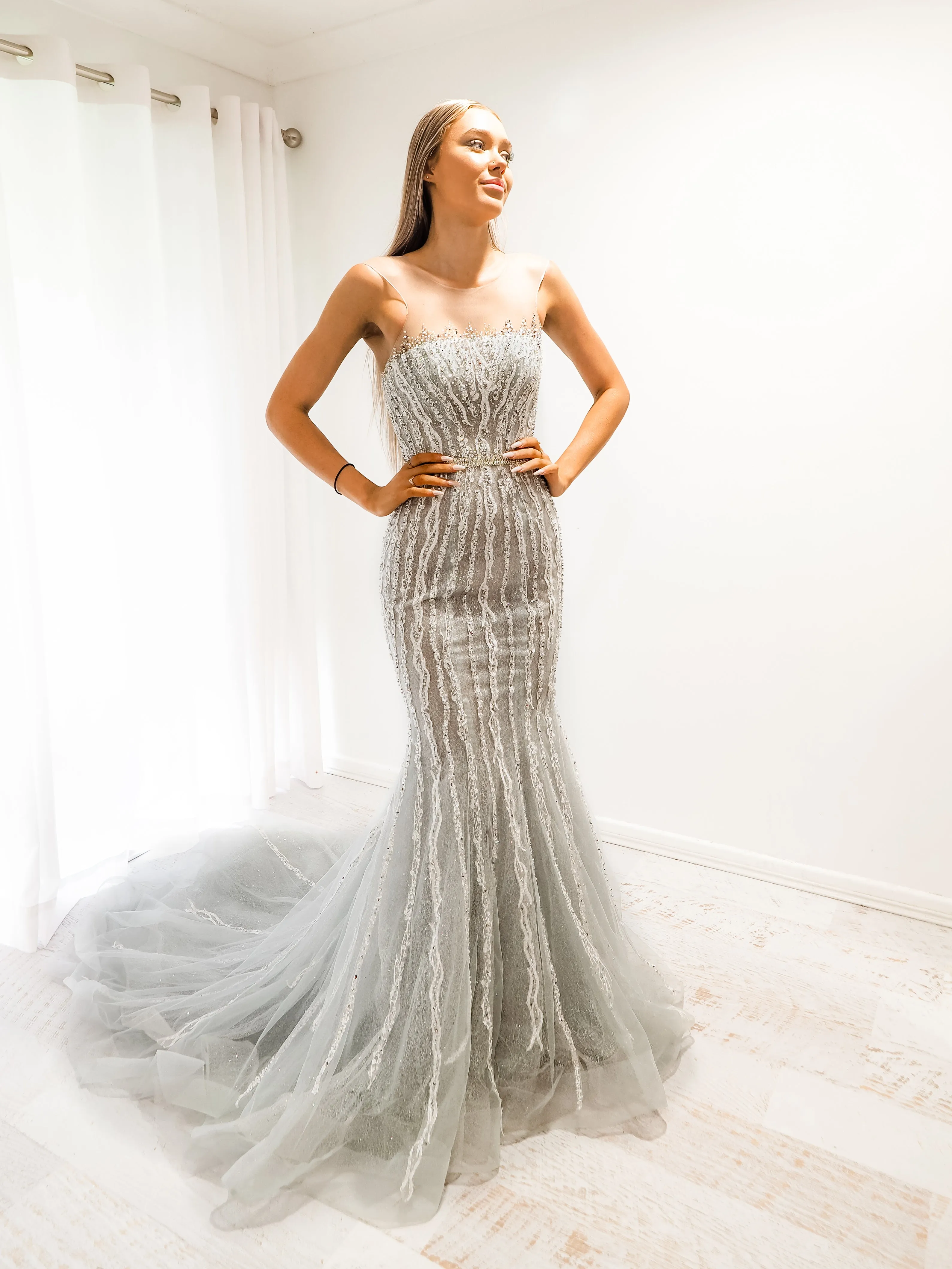 Silver mermaid dress with long train for hire