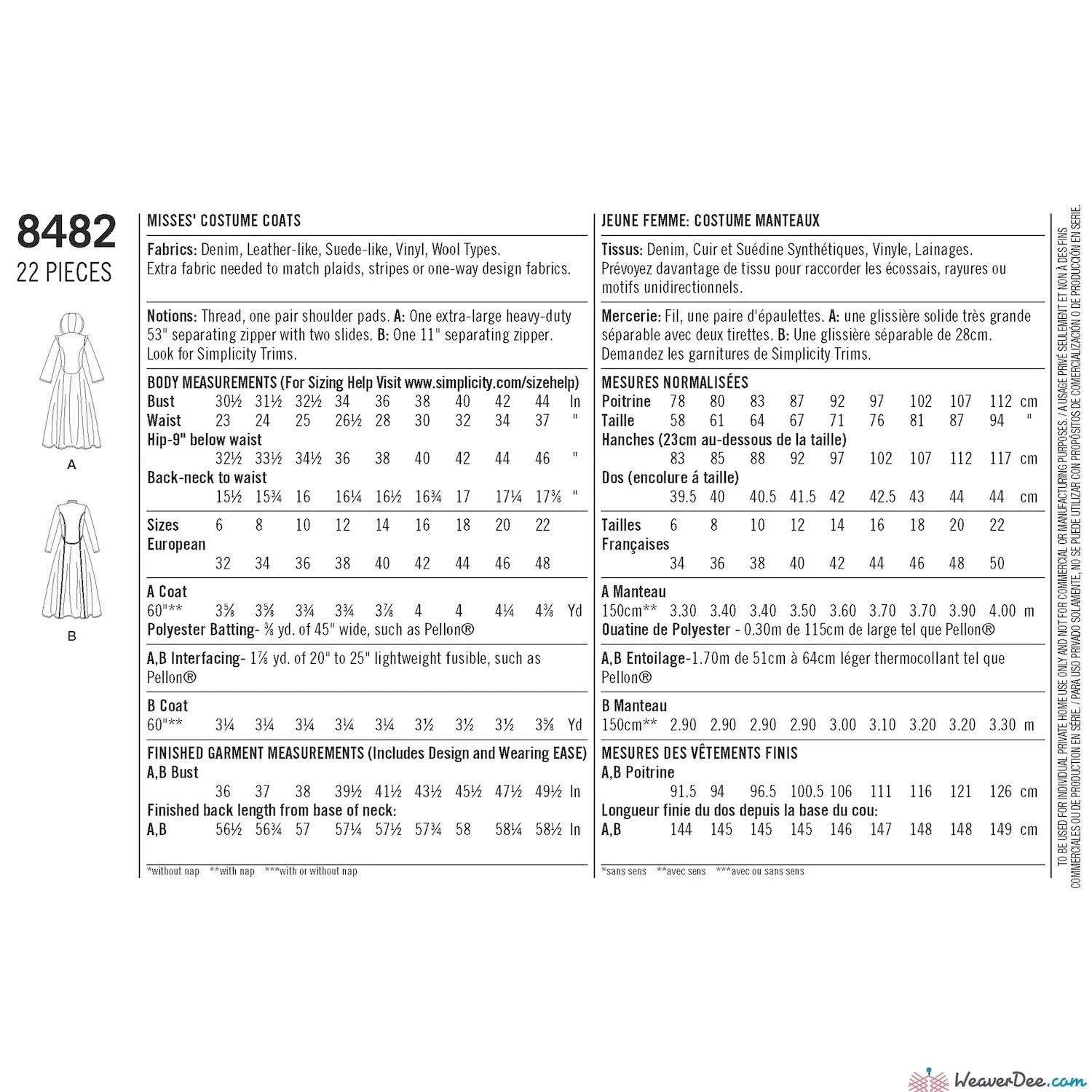 Simplicity Pattern S8482 Misses' Steampunk Matrix Vampire Costume Coats