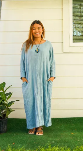 Sky Blue Double Gauze Cotton Dress with Pockets