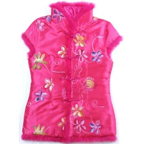 Sleeveless Fur Edge Chinese Style Floral Kid's Waistcoat