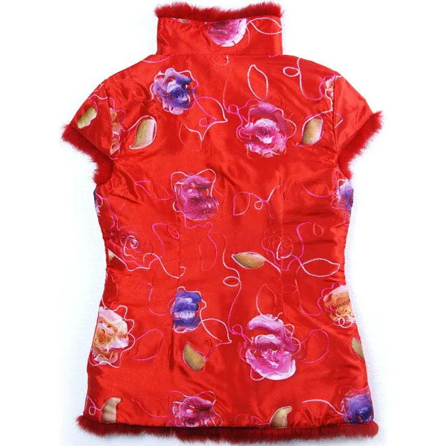 Sleeveless Fur Edge Chinese Style Floral Kid's Waistcoat