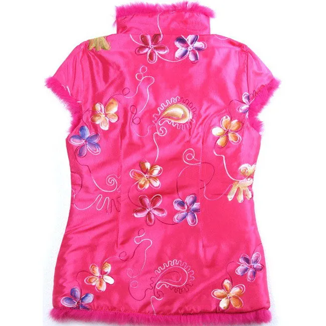 Sleeveless Fur Edge Chinese Style Floral Kid's Waistcoat