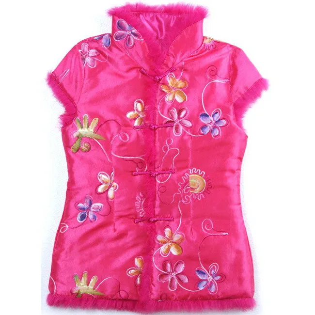 Sleeveless Fur Edge Chinese Style Floral Kid's Waistcoat