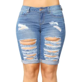 Slim Fit Ripped Denim Shorts Wholesale Womens Clothing N3823090500058