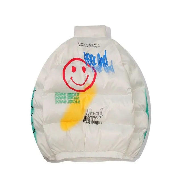 Smily Face Graffiti Print Puffer