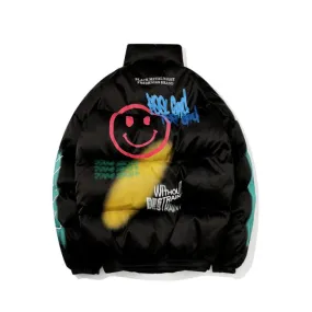 Smily Face Graffiti Print Puffer