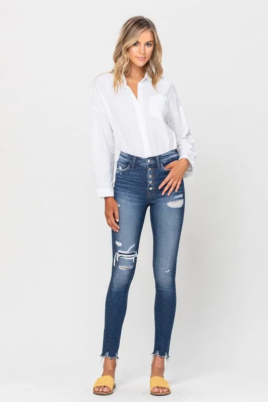 Sophie High Rise Patched Button Up Raw Hem Ankle Skinny