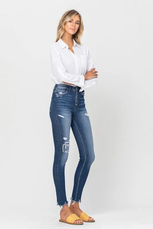 Sophie High Rise Patched Button Up Raw Hem Ankle Skinny