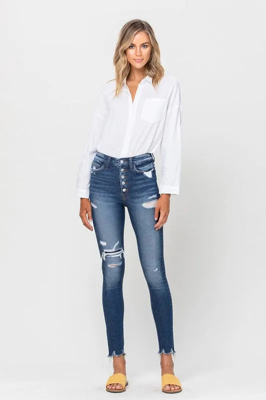 Sophie High Rise Patched Button Up Raw Hem Ankle Skinny