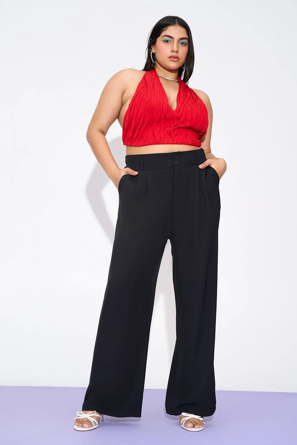 Starlet Black Curve Pleated Double Button Korean Pants