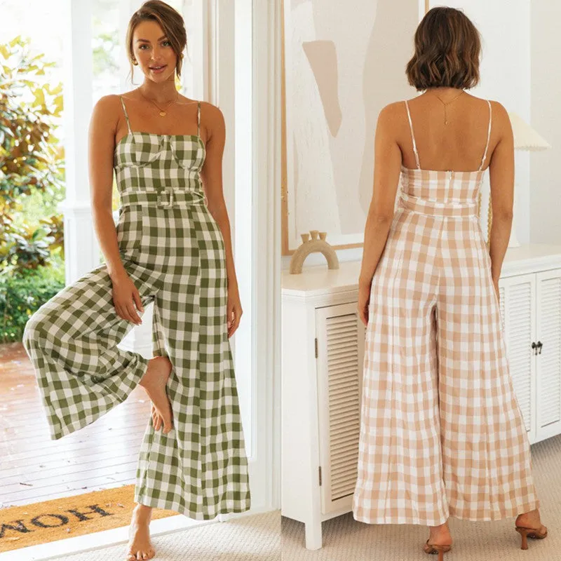 Summer Plaid Suspender Jumpsuit