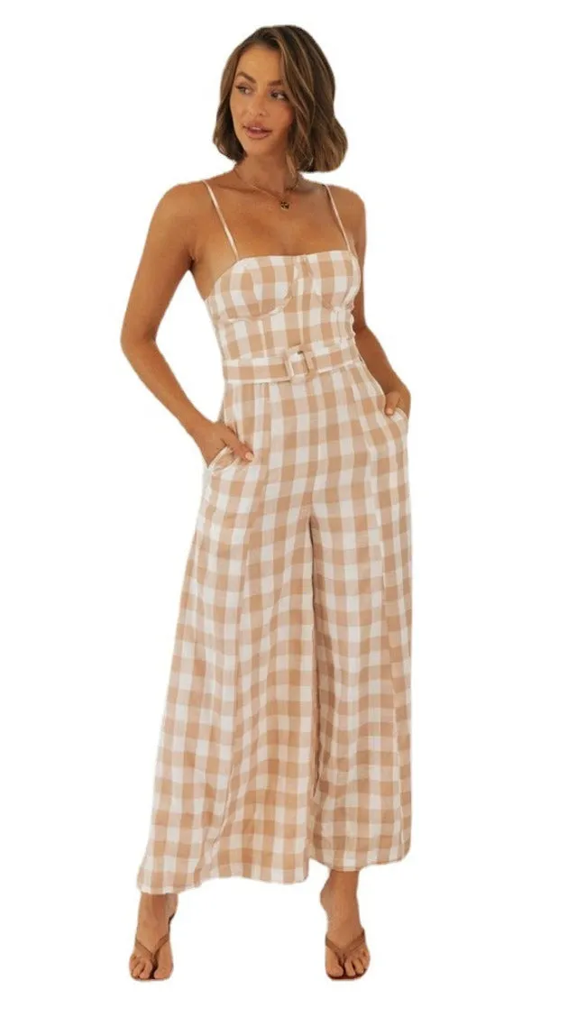 Summer Plaid Suspender Jumpsuit