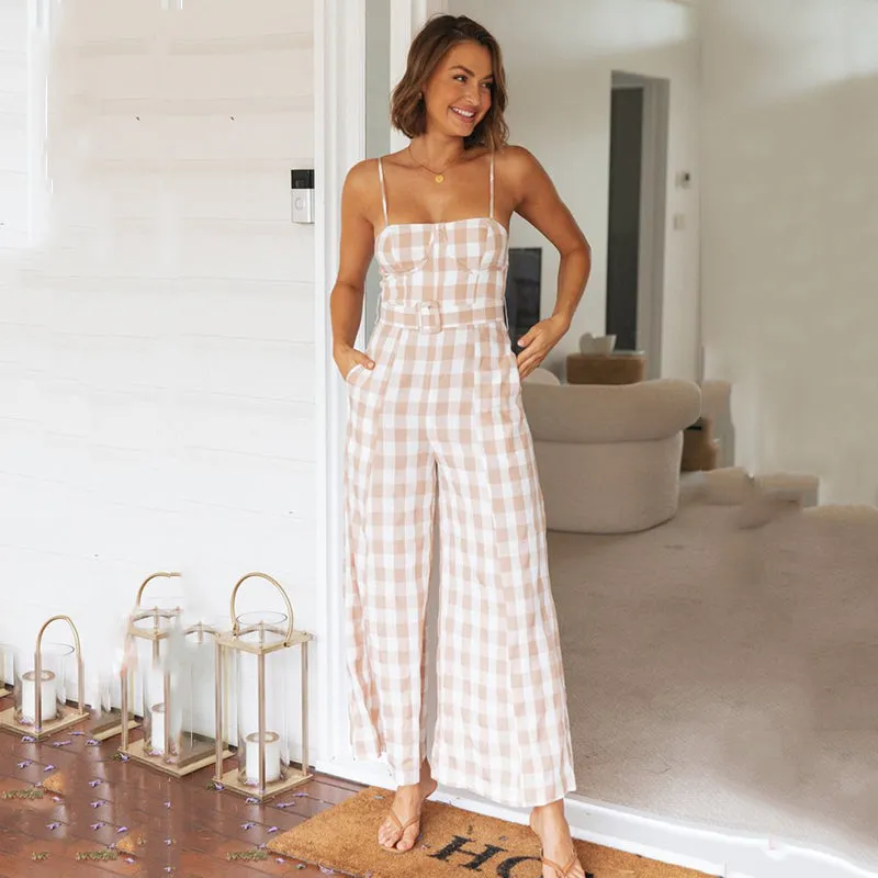 Summer Plaid Suspender Jumpsuit