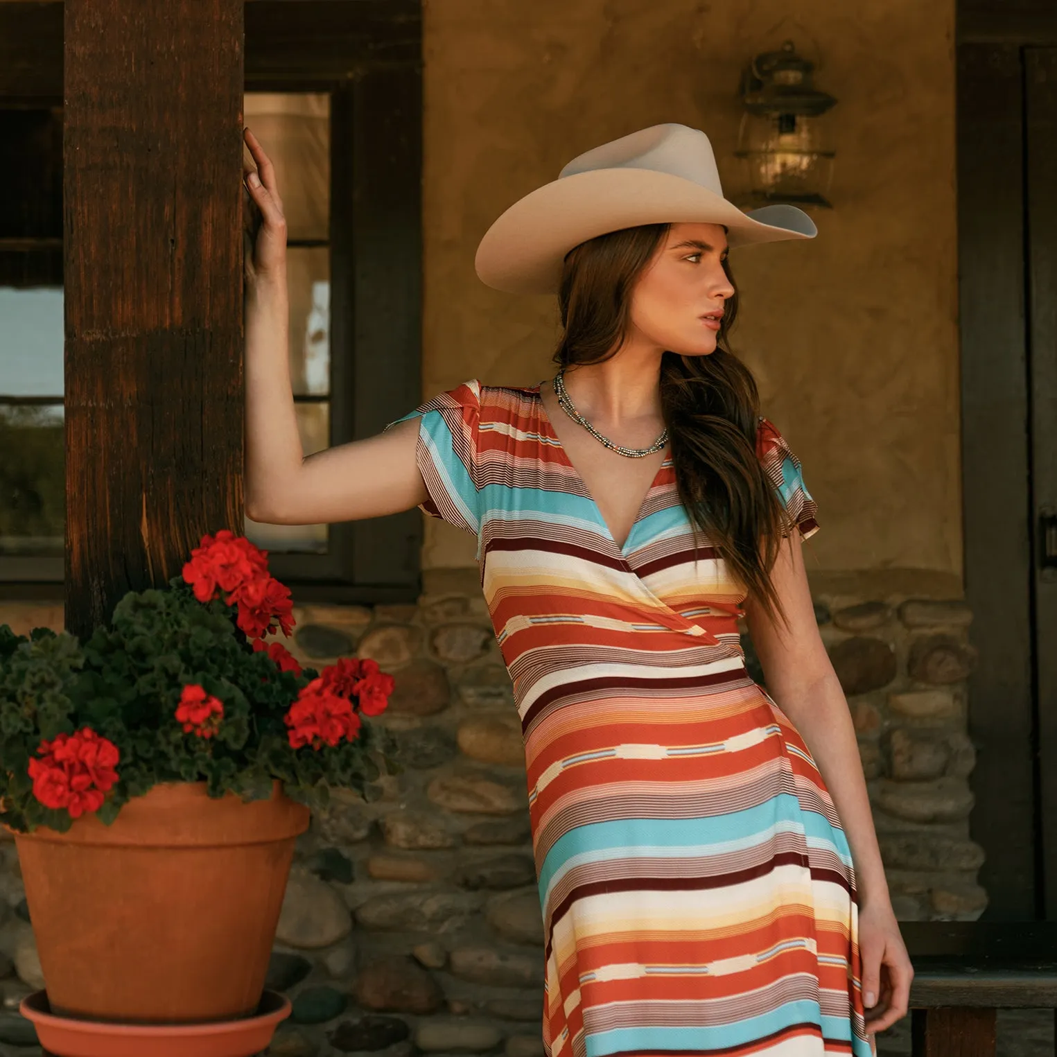 Sunset Serape Print Rayon Herringbone Wrap Front Dress